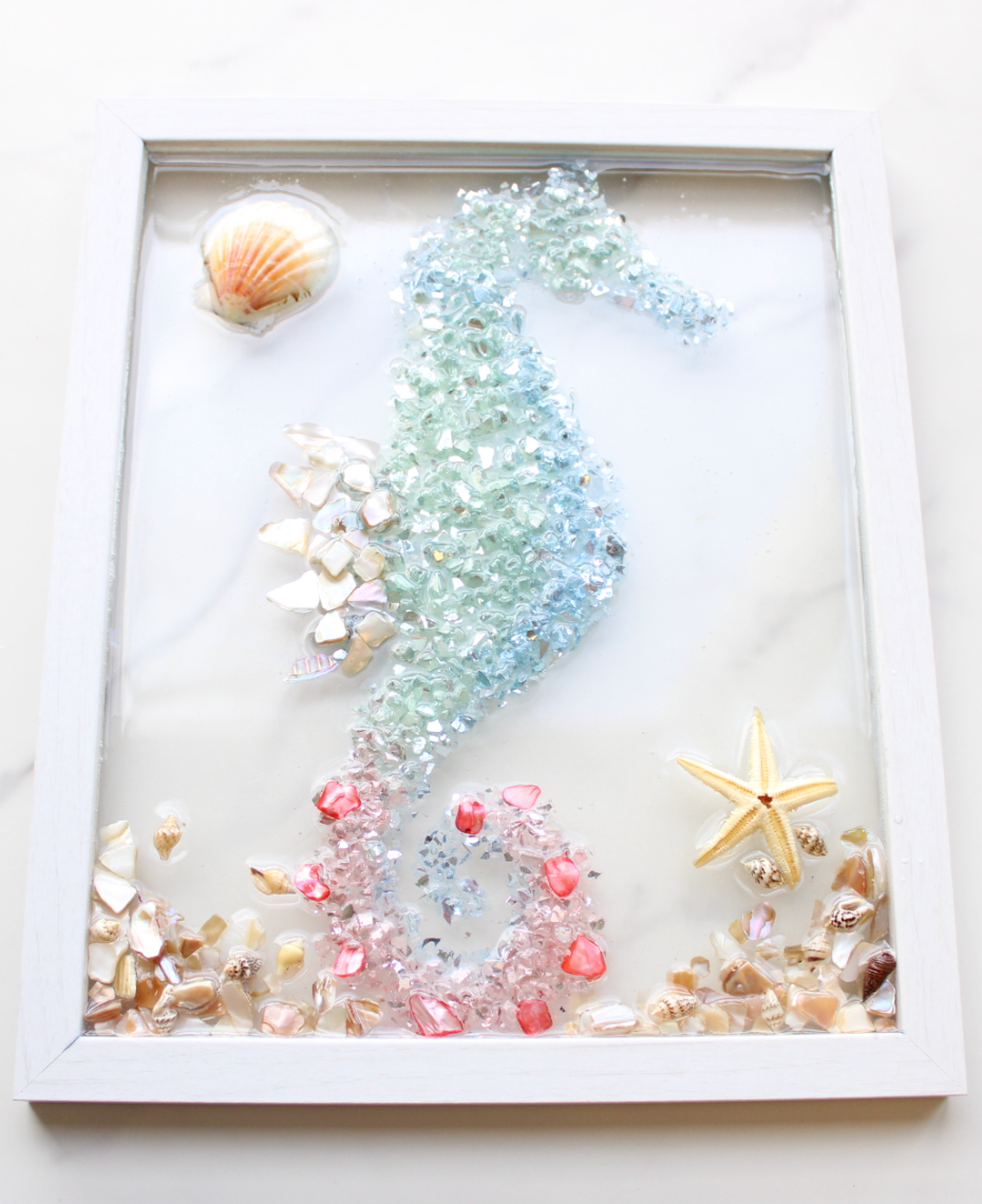 Resin Seahorse Art Blue and Pink In a white frame