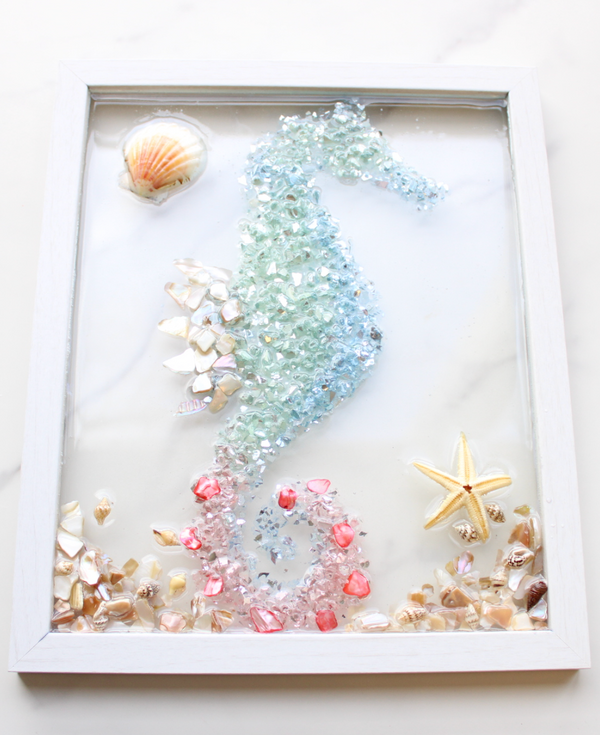 Resin Seahorse Art Blue and Pink In a white frame